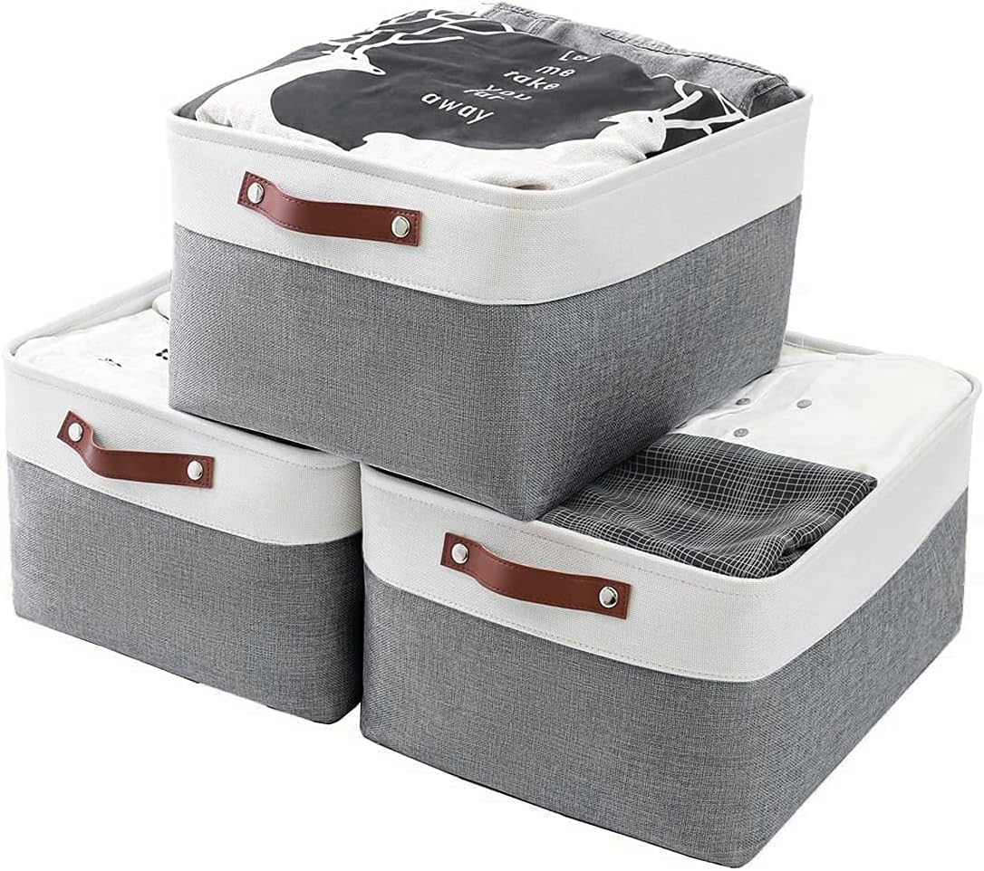 Mangata Storage Baskets, Fabric Storage Boxes, Cold Grey&White (Large, 3Pack)