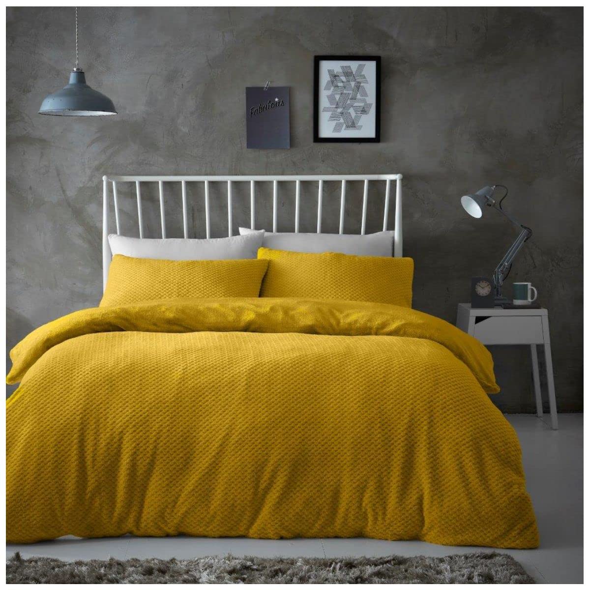 Gaveno Cavailia Popcorn Double Duvet Set Ochre, Honeycomb Waffle Weave Bedding, 3 Piece Teddy Flannel Fleece Reversible Bedlinen, Easy Care DuvetCover Bedset, 1 Quilt Cover and 2 Pillow Cases