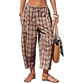 EXLURA Womens Cotton Faux Linen Gingham Barrel Capri Pants Plaid Palazzo Trousers Harem Pants Pockets Summer Beach Vacation