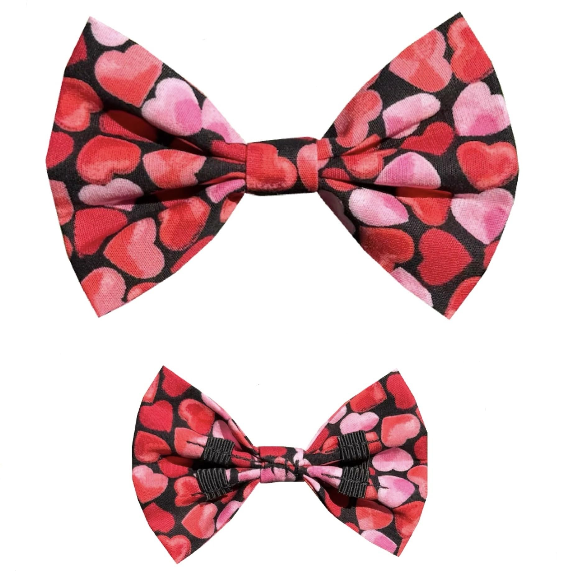 New Dogs Bow Tie Valentine's Day heart RED LOVE Elastic Bands attached ACCESSORY Handmade UK (Valentine Red Hearts MEDIUM)