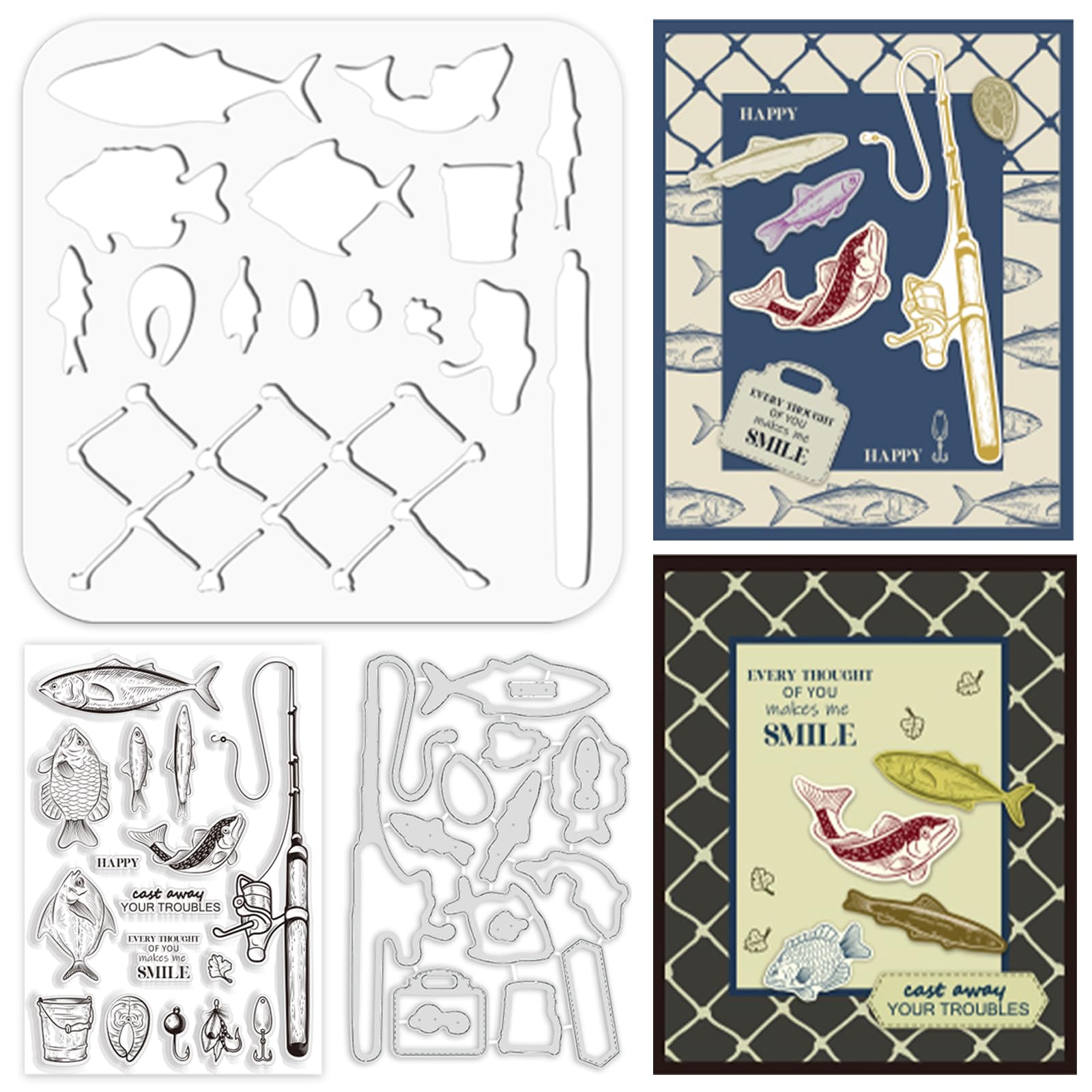 ORIGACH Fishing Theme Stamps Die and Stencils Sets for Card Making Fish Metal Cutting Die Stamp and PET Template Sets for DIY Scrapbooking Album Decorative