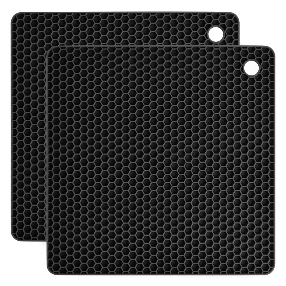 Flintronic Silicone Trivet for Hot Pots and Pans, 2 Pack Multipurpose Heat Resistant Mat, Flexible Silicone Trivets, Heatproof Square Mat for Kitchen Cooking and Dining (Black)