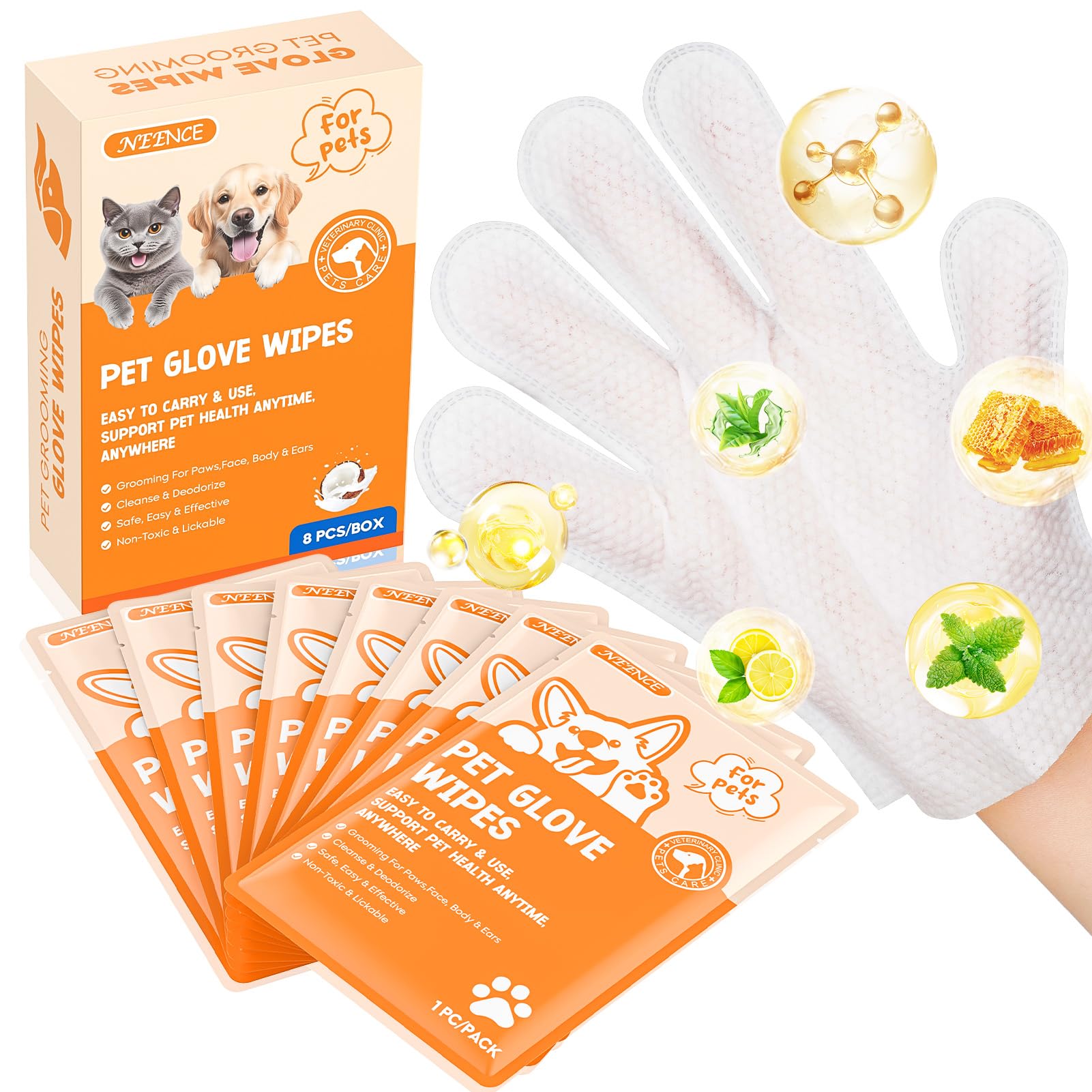 Photo 1 of *3/25/2027* NEENCE Extra Thick Pet Glove Wipes for Dogs & Cats, Dog Washing Gloves Cleaning Deodorizing for Paws,Butt and Body, Cat Bathing Gloves Wipes Suitable for Daily Care and Travelling