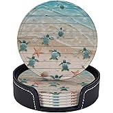 Sea Turtle & Starfish Ocean Theme Leather Coasters Set of 6 with Holder - Premium 4" Round Drink Coasters for Home Kitchen Coffee Table Decor