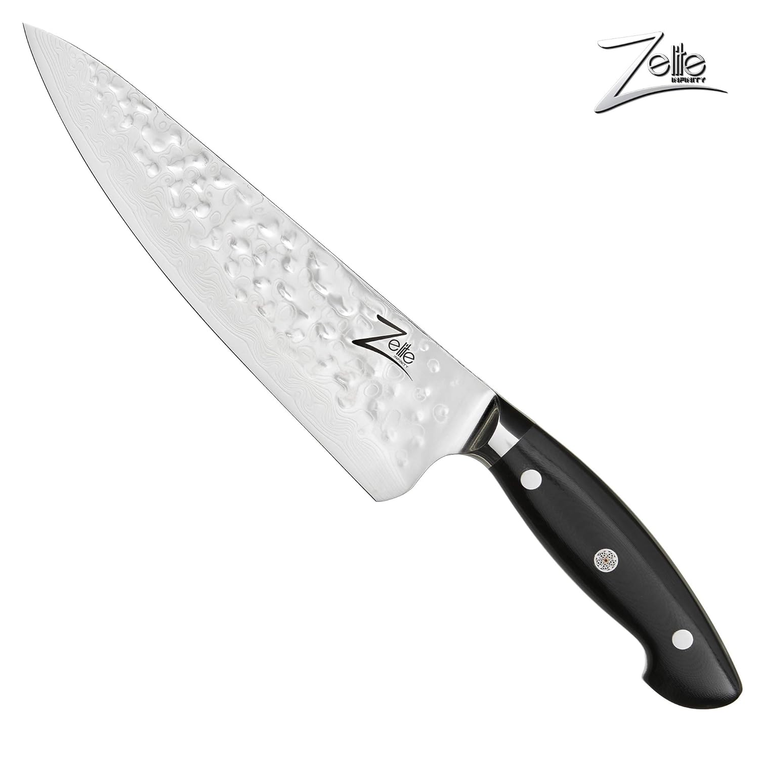 ZELITE INFINITY Chef Knife 8 Inch >> Executive-Plus Celebrity Edition >> Best Quality Japanese AUS10 Super Steel 45 Layer Damascus, Hammered Tsuchime Finish, G10 Handle, Ultra-Deep 56mm Chefs Blade
