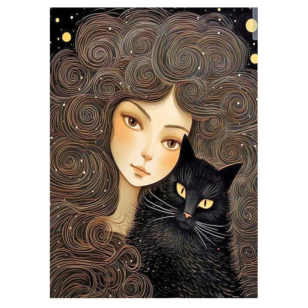 DCIDBEI 30 x 40 cm round diamond painting woman abstract, diamond canvas complete kit black cat adults, DIY crystal art children home wall decor living room bedroom with tools || party gifts