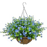 BCBLF Artificial Hanging Flowers Basket, 12 UV-Resistant Bundles of Realistic Fake Flowers, Faux Plants for Outdoor Decor, Home, Garden, Porch, Patio, Spring & Summer Decorations, Blue