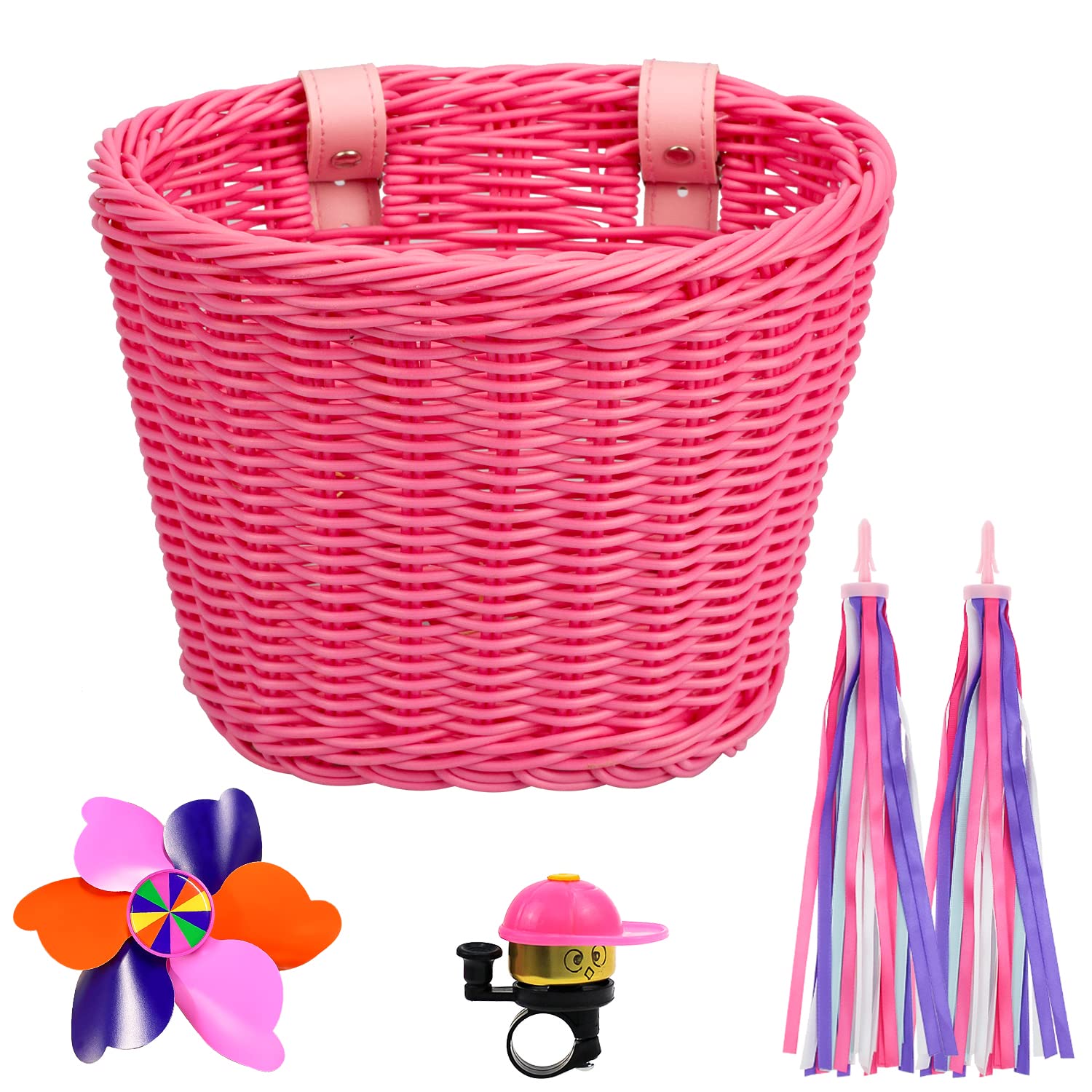 Braided Bicycle Basket for Girls and Children Front with Leather Straps, Streamers, Bicycle Bell, Windmills (Pink)
