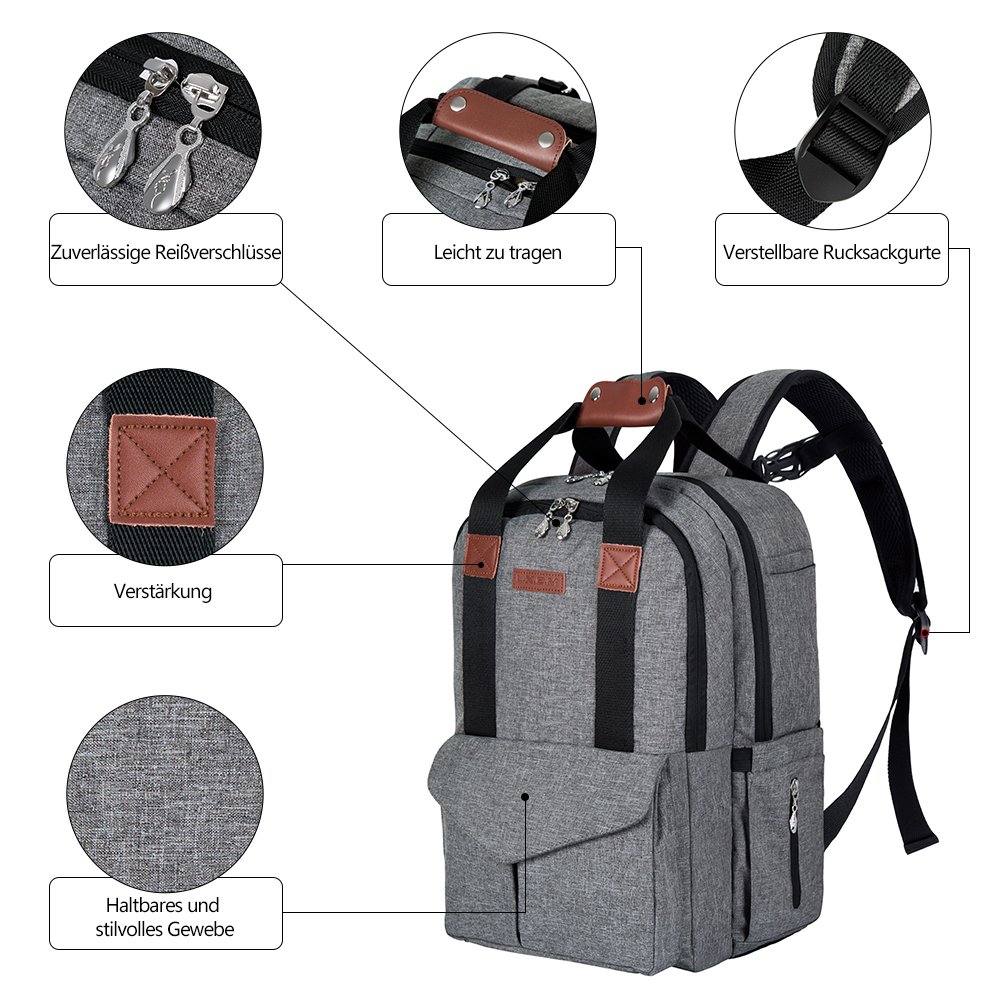 LUKATU Wickeltasche Rucksack, Organizer Multi-Funktions-wasserdichte Anti-Diebstahl-Reisetaschen für Mama / Papa mit Kinderwagen Straps, Wickelauflage & isolierte Taschen für Baby Care-große Kapazität, langlebig und stilvoll (grau)