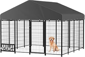 JFHID Heavy Duty Outdoor Dog Kennel for Yard, 8x8 Medium Steel Chain Link Fence with Roof, Dog Run Enclosure with Feeding Bowl & Self-Locking Latch