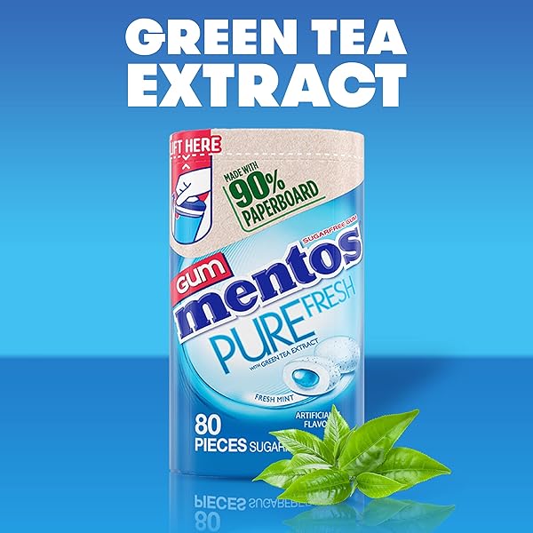 MENTOS PURE FRESH SUGAR-FREE CHEWING GUM WITH XYLITOL, FRESH MINT FLAVOR, EASTER BASKET ESSENTIALS STUFFERS FOR KIDS AND ADULTS, 90% RECYCLABLE PAPERBOARD BOTTLE, 80 PIECES (4-PACK)
