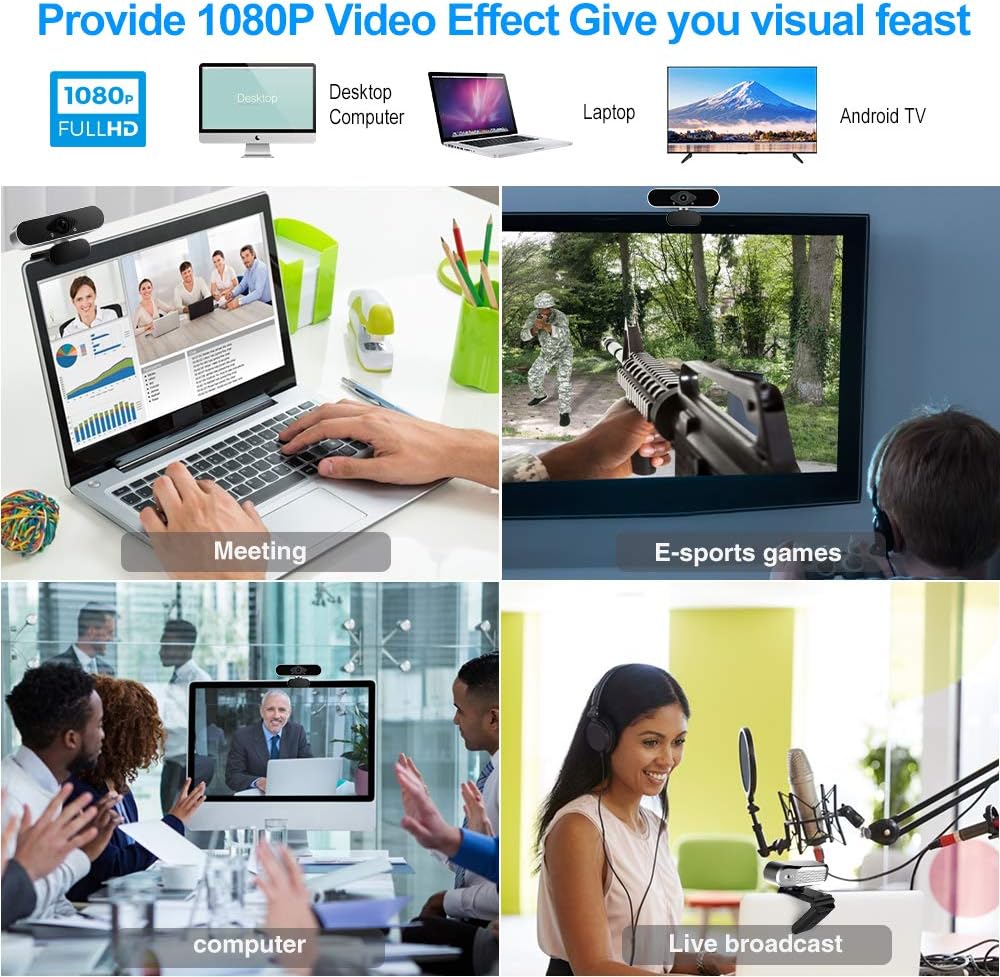 ANEAR 1080P Real-time Streaming Media Camera with Stereo Microphone, a Webcam Can Support 360 Degree Rotation Desktop or Laptop USB Webcam Plug and Play Suitable for Online Classes Small Meetings : Electronics