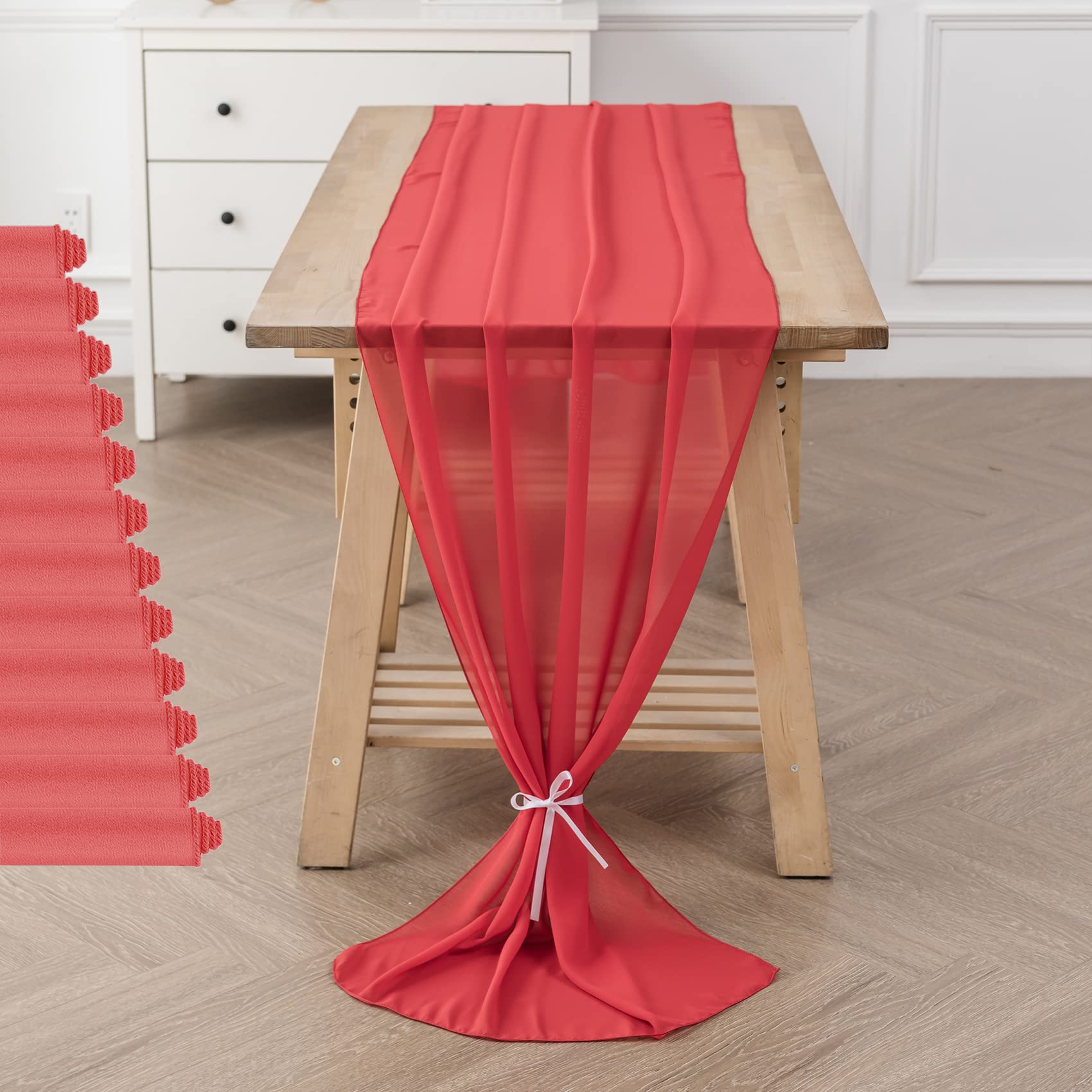 Photo 1 of 12Pack 10ft Christmas Chiffon Table Runner 29x120 Inch Sheer Romantic Table Runner for Wedding Birthday Party Bridal Shower Outdoor Decoration-Red