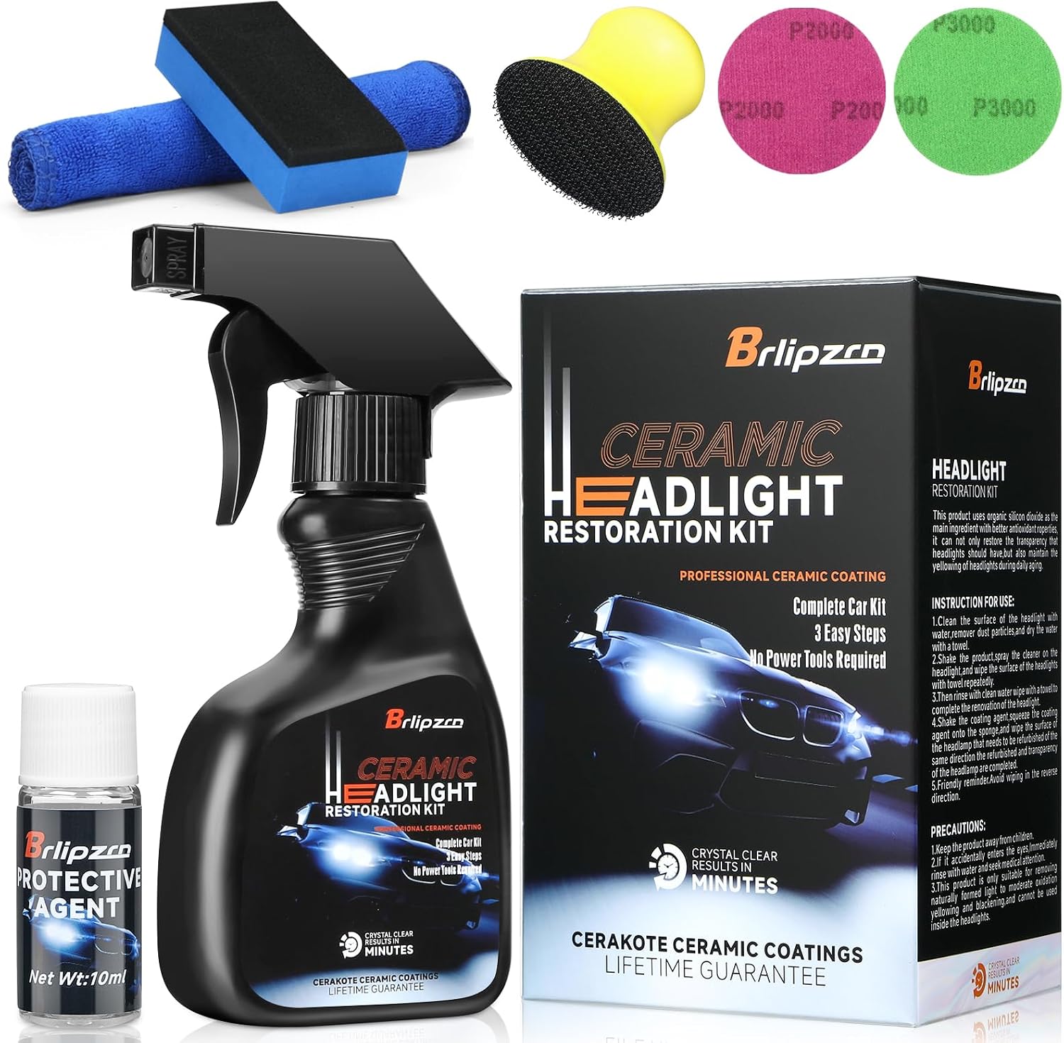 Brlipzrn Car Headlight Restoration Kit, Ceramic Headlight Restoration Kit, No Power Tools Required, Headlight Cleaner and Restorer Kit, Headlight Cleaner, Headlight Restoration Spray