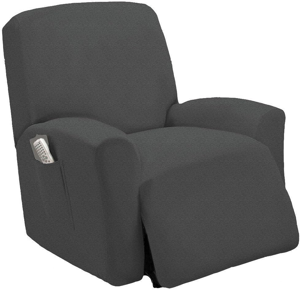 Elegant Homes One Piece Stretch Sterling Recliner Chair Cover Furniture Slipcovers with Remote Pocket Fit Most Recliner Chairs # Stella (Charcoal/Dark Grey)