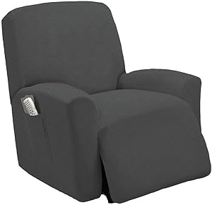 Elegant Homes One Piece Stretch Sterling Recliner Chair Cover Furniture Slipcovers with Remote Pocket Fit Most Recliner Chairs # Stella (Charcoal/Dark Grey)