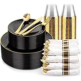 KIRE 175Pcs Black Plates Disposable - Heavy Duty Black and Gold Plastic Plates- 25 for Dinner 25 for Dessert 25 Pre Rolled Gold Silverware and 25 Cups for New Year/Birthday Party