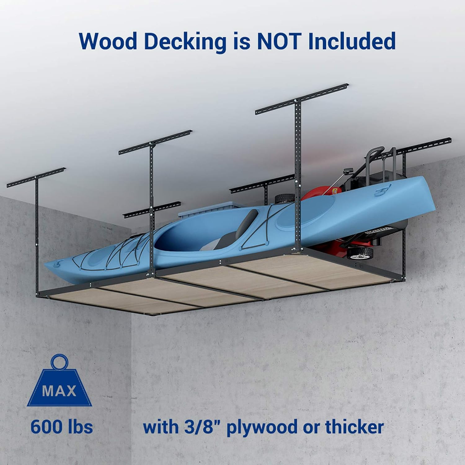 FLEXIMOUNTS 4x8 Overhead Garage Storage Rack without Decking Adjustable Ceiling Garage Rack Heavy Duty, 600lbs Weight Capacity 96" Length x 48" Width x (22''-40" Ceiling Dropdown), Black - - 