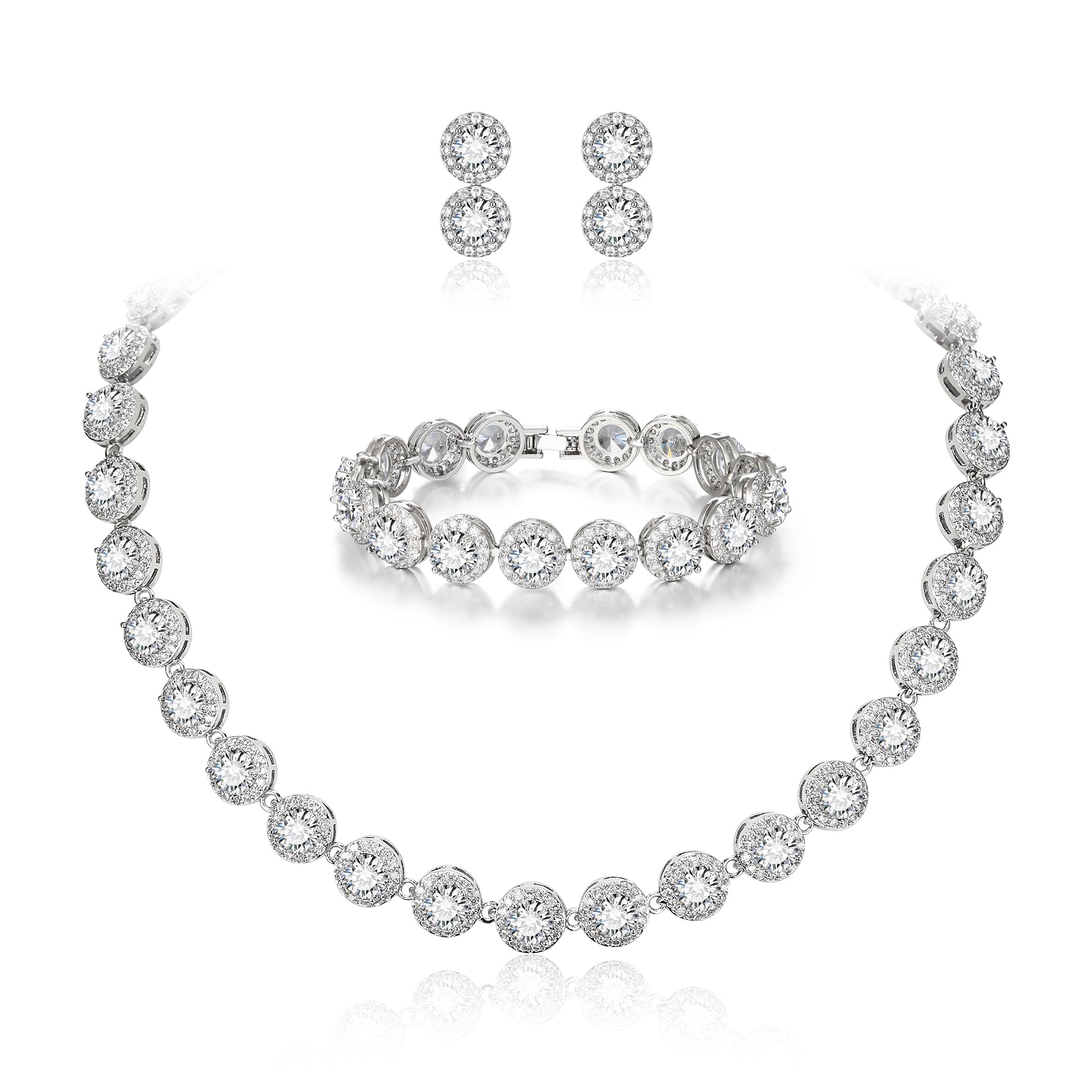 Ever Faith Women's Round Cut Cubic Zirconia Tennis Necklace Bracelet Earrings Set Colorless