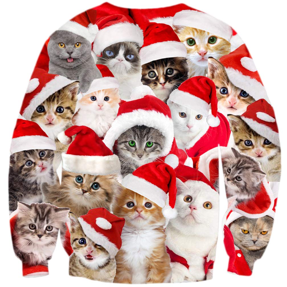 ALISISTER Unisex Xmas Jumper Funny Cat Elf Pattern Christmas Pullover Sweatshirt Sweater Autumn Winter Round Neck Xmas Gift Clothing Outwear Top L