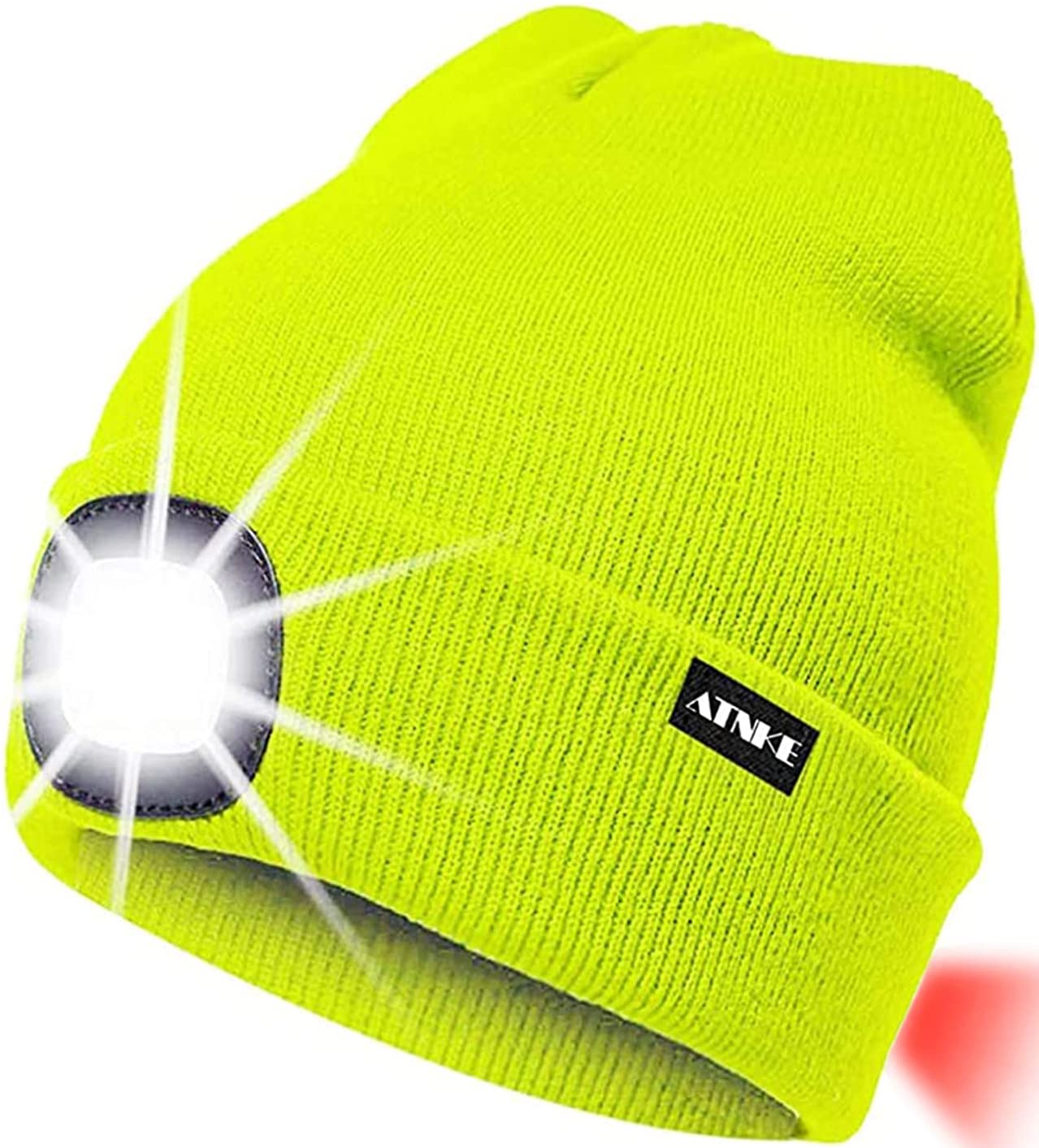 ATNKE 8LED Lighted Knit Hat,USB Rechargeable Running Headlamp Cap Ultra Bright Waterproof Light Lamp and Flashing Alarm Red Tail Light Multi-Color/Fluorescent Yellow