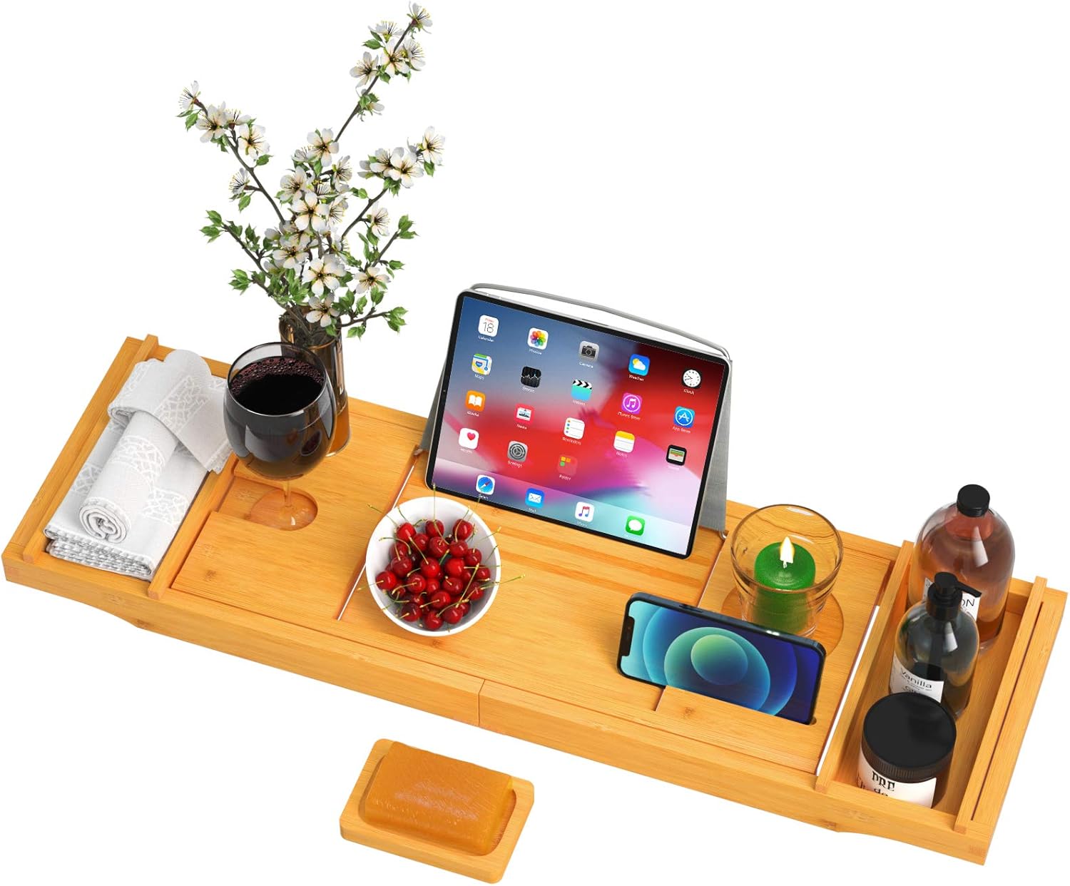 STOREMIC Bathtub Tray Caddy Expandable 29.5-44 Inch Bamboo Bath Tray for Tub with Wine Glass Book Holder Free Soap Holder Romantic Gift: Home & Kitchen