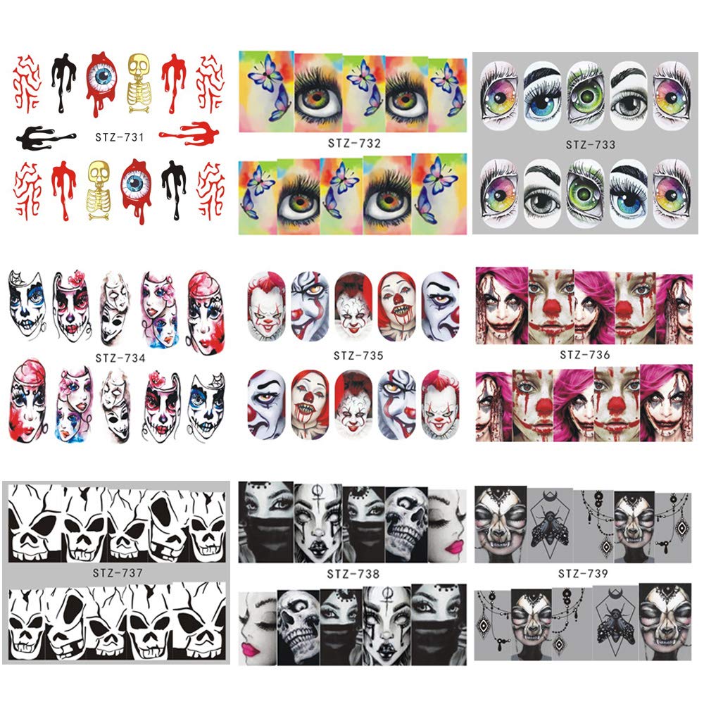 Halloween Nail Stickers Day of the Dead Nail Art Accessories Decals 25 Sheets Ghost Skull Eye Clown Hulk Water Transfer Nail Art Stickers for Halloween Party Supply Fingernails Toenails Decorations: Beauty