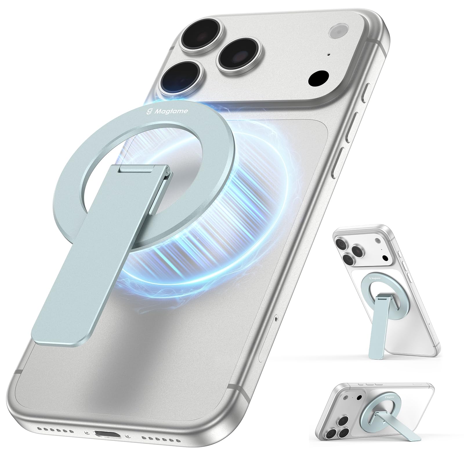Magtame Magnetic Phone Stand Grip for MagSafe, 3-in-1 Phone Holder & Kickstand, Ultra-Slim Removable Aluminum Grip with 360° Rotation & Strong Hold, Compatible with iPhone 17/16/15/14 and Galaxy, Blue