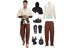DARFULA 7 Pcs Men's Renaissance Costume Medieval Pirate Shirt Ankle Banded Pants Viking Costume Accessories Set