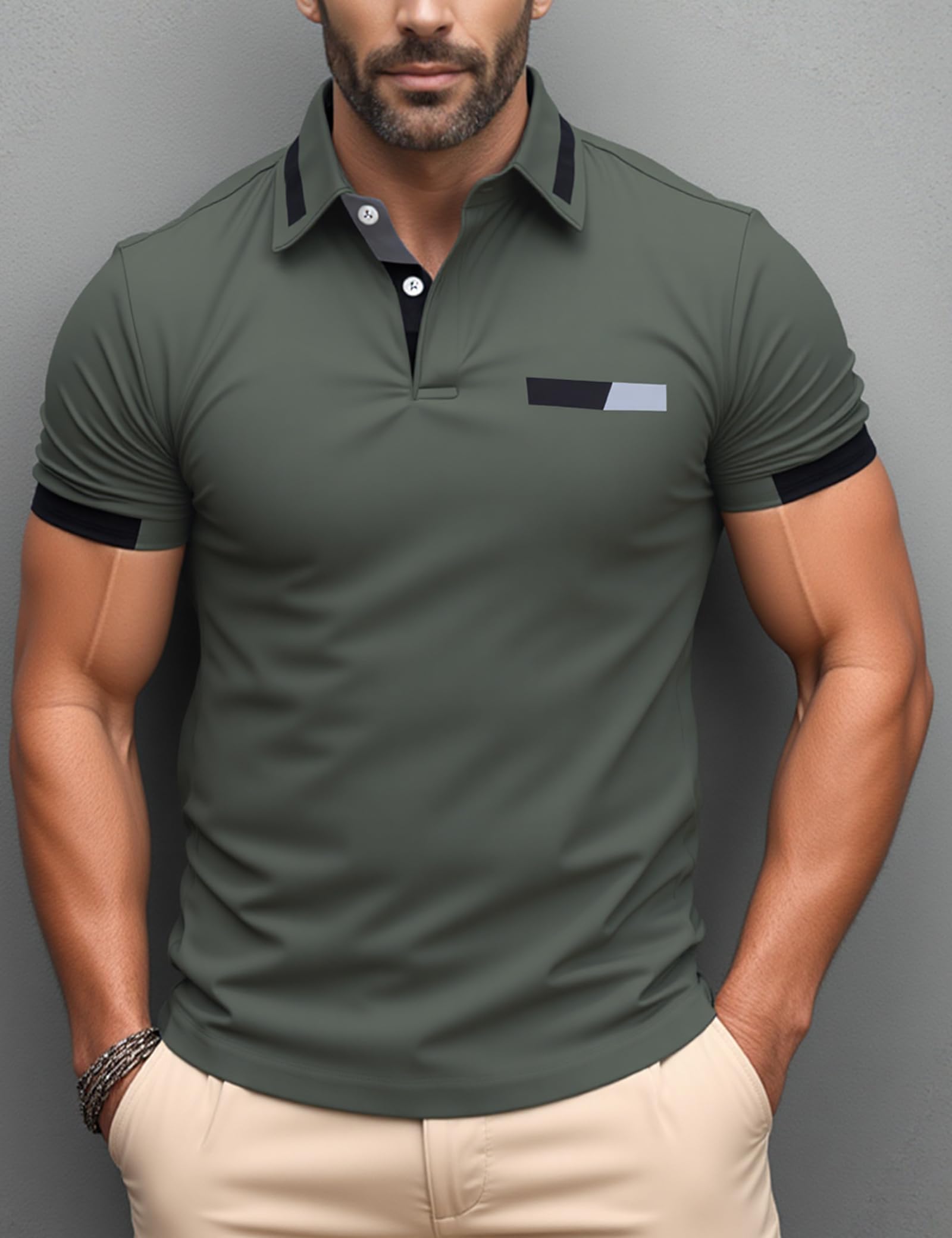 Photo 1 of Men’s Button Polo Shirt with Colorblock Trim, Short Sleeve Sport Golf T-Shirt, Casual Slim Fit Summer Top (Army Green,XXL)