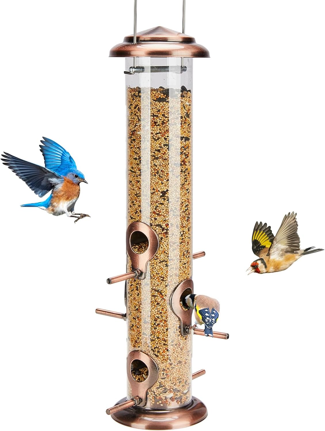 Backyard Birding & Wildlife - Kingsyard Metal Bird Feeders for Outdoor Hanging, Extra Thick Tube Bird Feeder with Steel Hanger & 6 Port, 15 inch, Chew-Proof, Weather and Water Resistant, Antique Copper