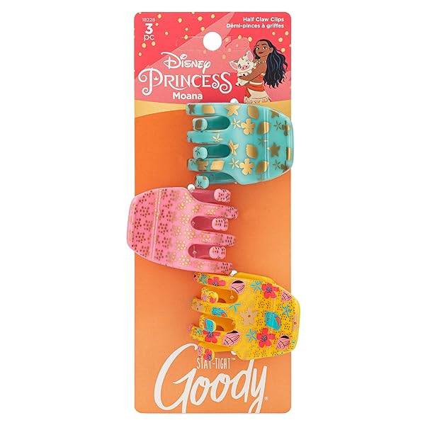 GOODY CLASSICS HALF CLAW CLIPS – 3-PACK, DISNEY PRINCESS, MOANA – GREAT FOR EASILY PULLING UP YOUR HAIR – PAIN-FREE HAIR ACCESSORIES FOR WOMEN, MEN, BOYS, AND GIRLS