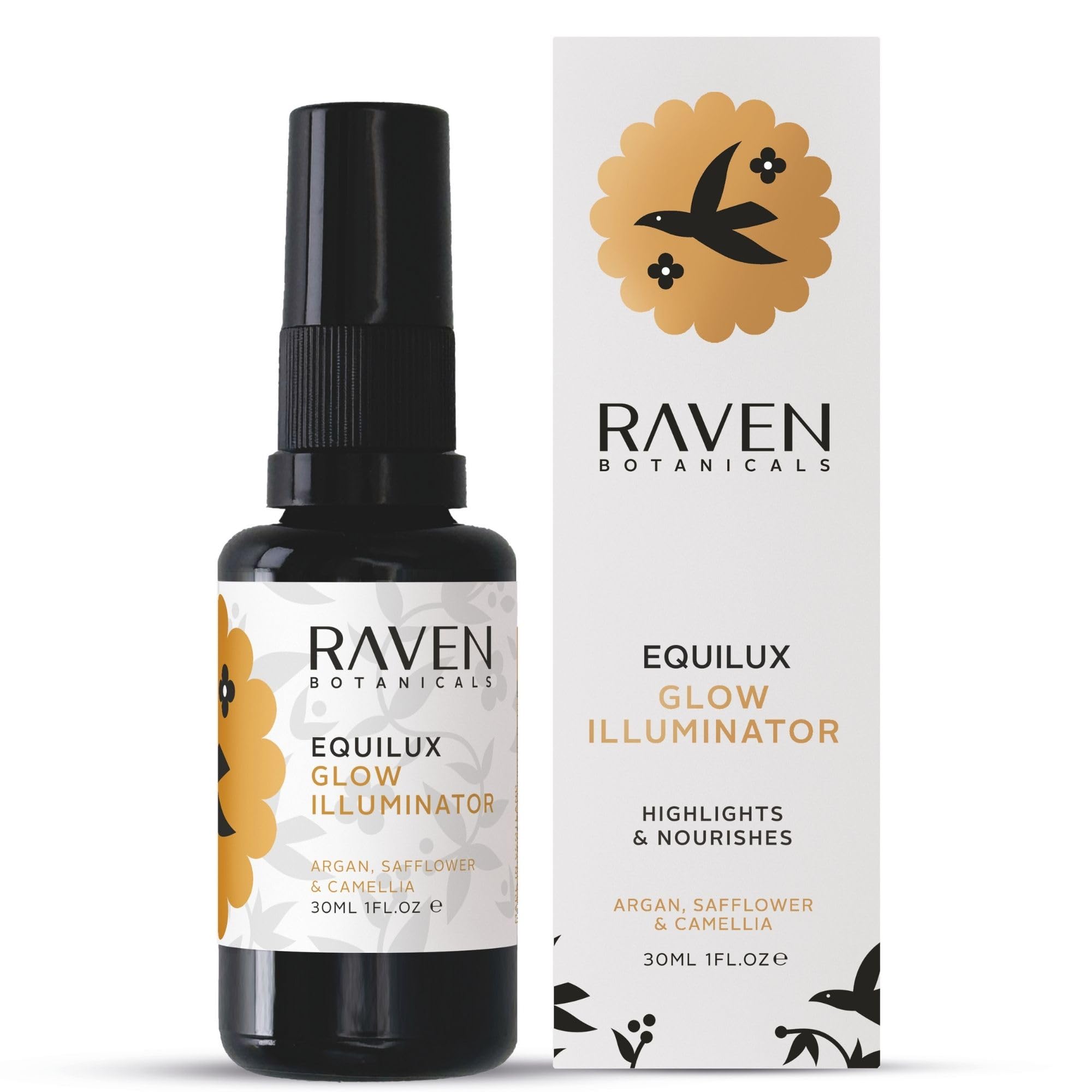 Raven Botanicals Liquid Highlighter - Illuminating Glow Drops for Dewy, Radiant Skin, Highlighter Makeup - Equilux Glow Illuminator 30ml