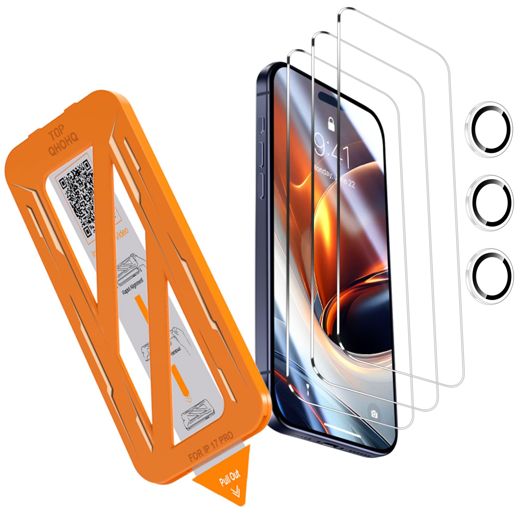 Photo 1 of [1-Second Auto-Install] QHOHQ 3 Pack Screen Protector for iPhone 17 Pro + 1 Set Camera Lens Protector, 9H+ Shatterproof Tempered Glass, [12FT Military Grade Protection], Anti-Fingerprint,Case Friendly