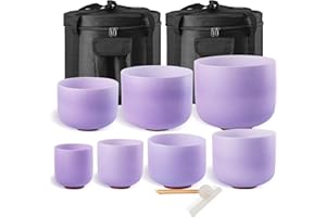 Sevenbowls 432HZ 6-12 Inch Purple Color Frosted Quartz Crystal Singing Bowls Chakra Set of 7 with Carry Case Bags for Sound Healing and Meditation