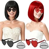rookea 2 Pack Colored Bob Wigs and Heart Sunglasses Set, Black Red Short Straight Bob Wig with Bangs Neon Party Colorful Synthetic Hair for Women Men Halloween Costume Bachelorette Party Favors