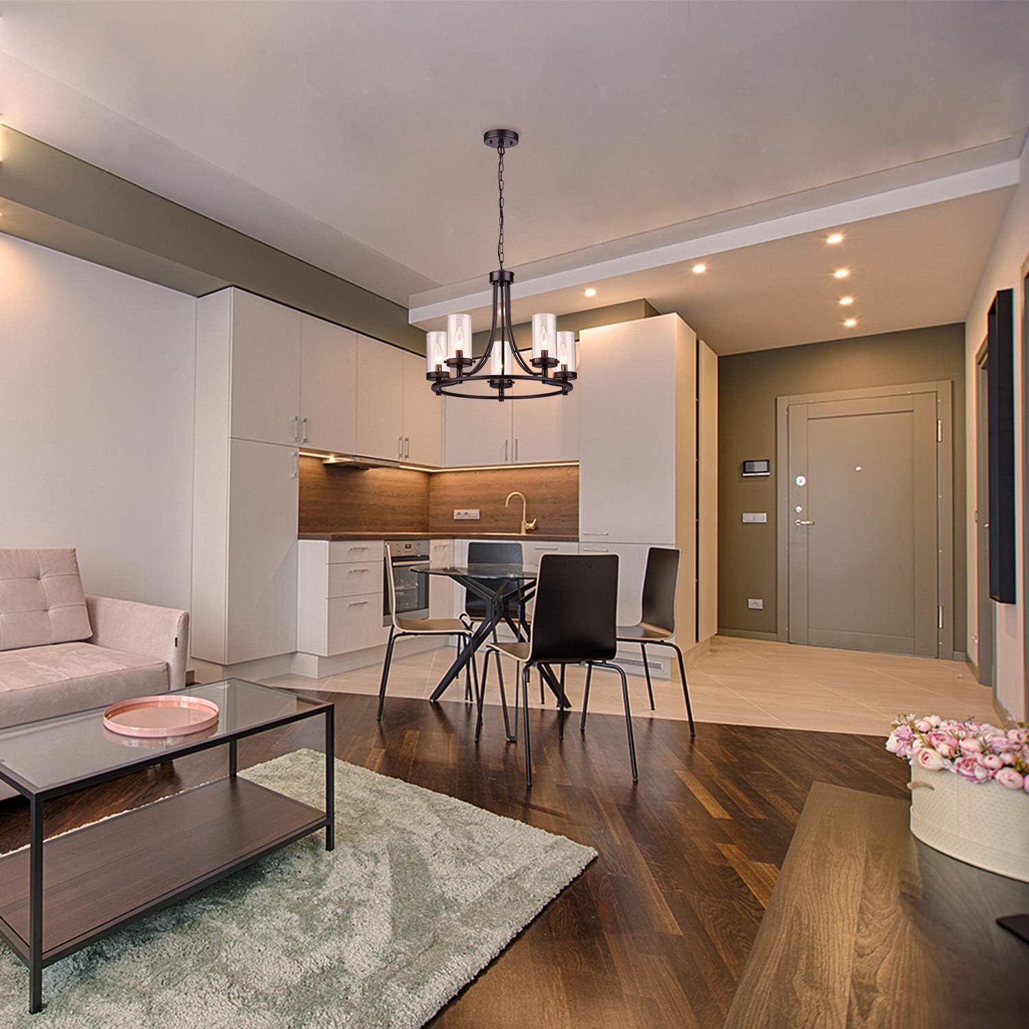 Loclgpm 19.3" Vintage Industrial 5-Lights Black Candle Chandeliers, Pendant Lighting with Glass Shades Hanging for Dining Room, Living Room, Hallway, Kitchen Island, Rustic Farmhouse, Foyer Decor - - 