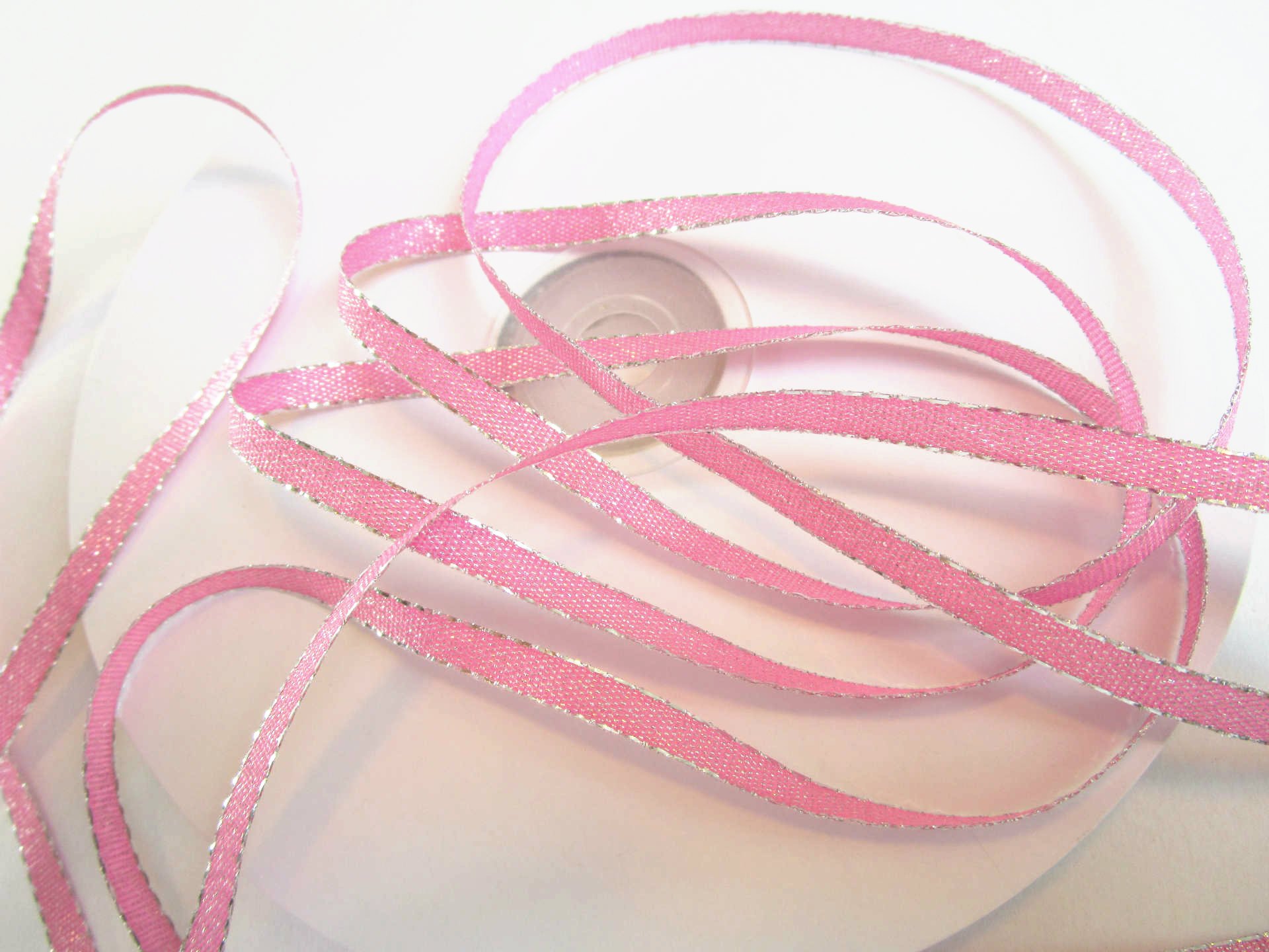 50 m Organza Ribbon with Glitter-Effect 6 mm Width: Pink with Silver Edge