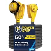 Camco Power Grip 50-Ft 30 Amp RV Extension Cord w/ 90&deg; Heads Locking End | Features NEMA TT-30P Male &amp; L5-30R Locking Female Connectors - Rated for 125V/3,750W - 100% Copper 10-Gauge Wire (55525)