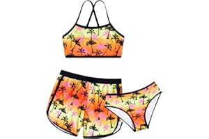 Funnycokid Girls Swimsuit 3 Piece Hawaii Bathing Suit Bikini Set with Shorts Swimwear 7-14 Years
