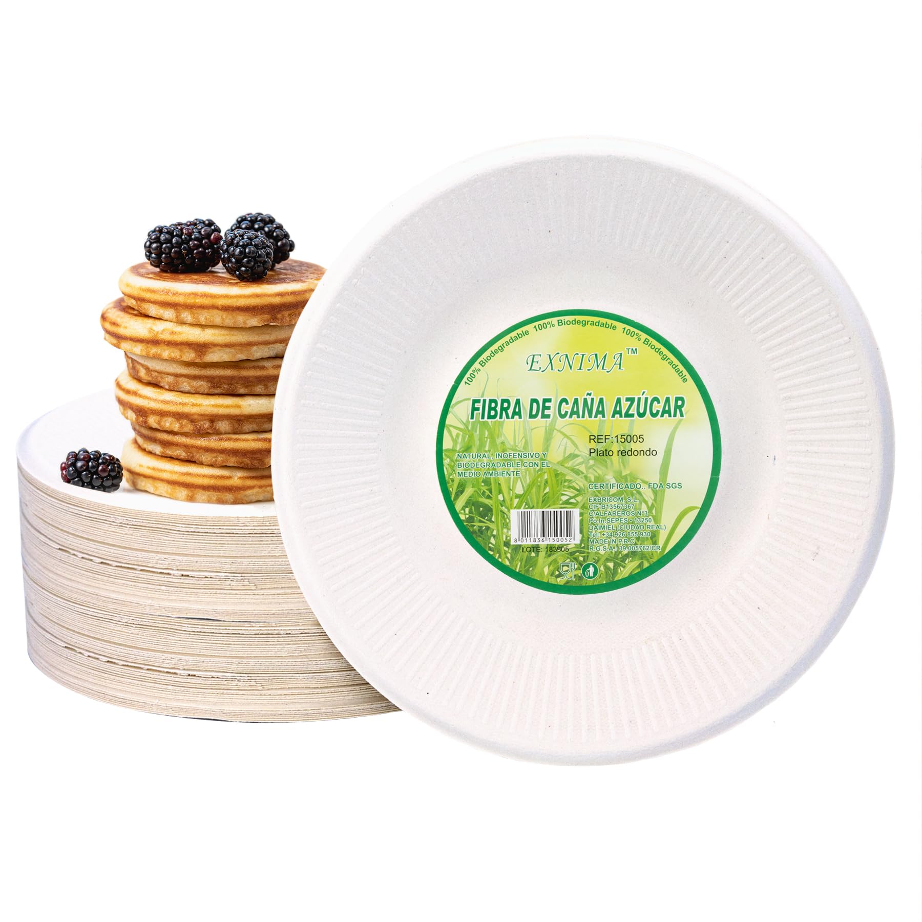 EXNIMA, Pack of 50 or 100 Biodegradable Sugar Cane Fibre Disposable Plates Natural 100% Biodegradable Round Flat Plates for Meal, BBQ, Parties, Birthdays