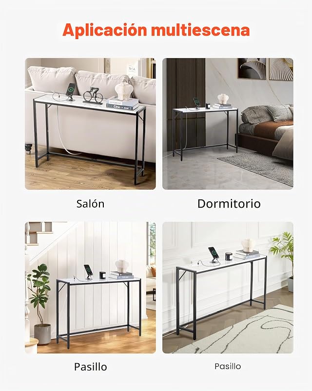 Consola de Mármol Estrecha y Larga con Toma de Corriente 110x23,9x74,2 cm Mesa Auxiliar de Sofá con Tubos de Hierro Dispositivo Antivuelco Soporta hasta 20 kg para Salón, Entrada, Recibidor
