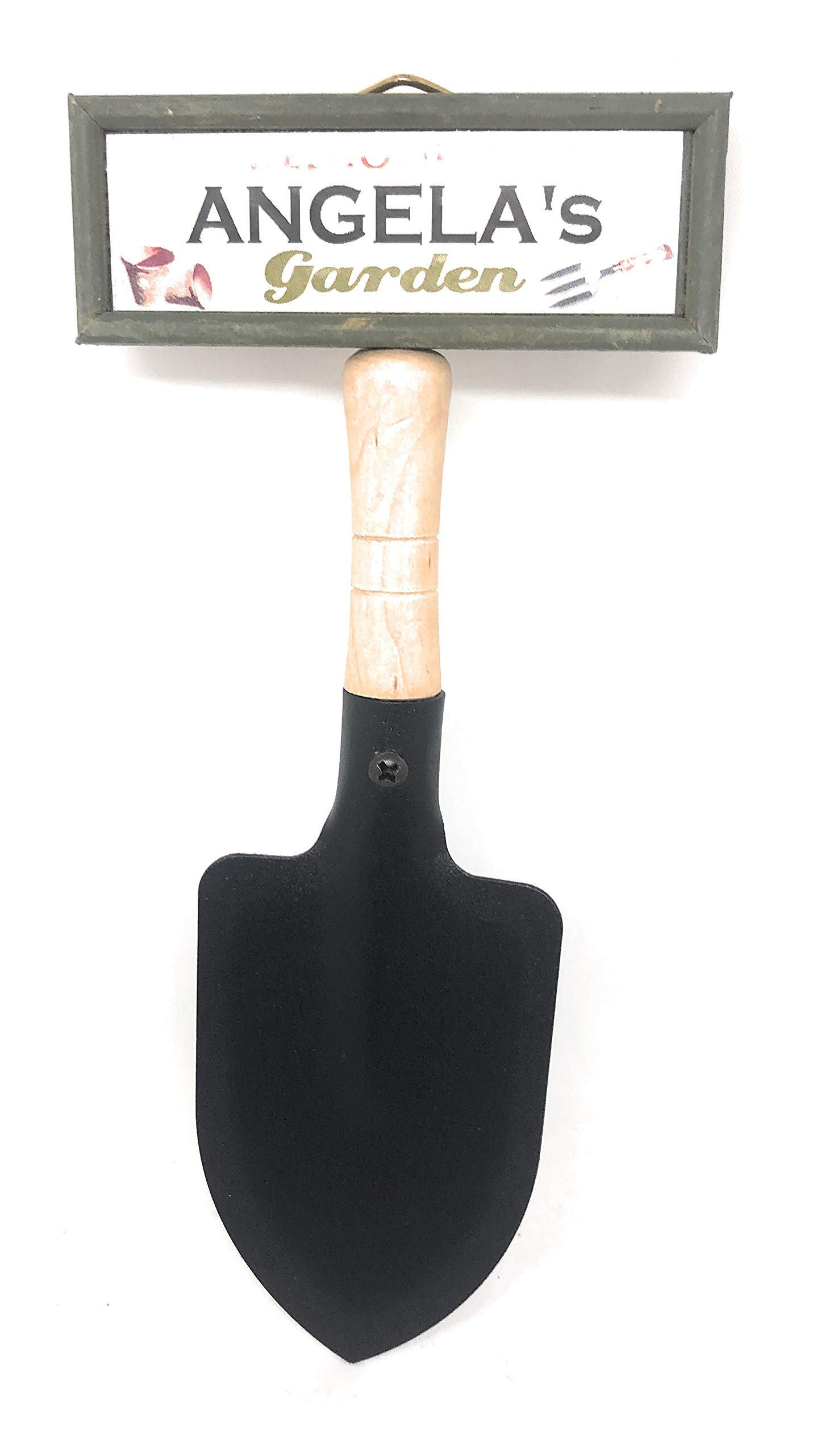 "Welcome to Angela's garden" hanging shovel sign