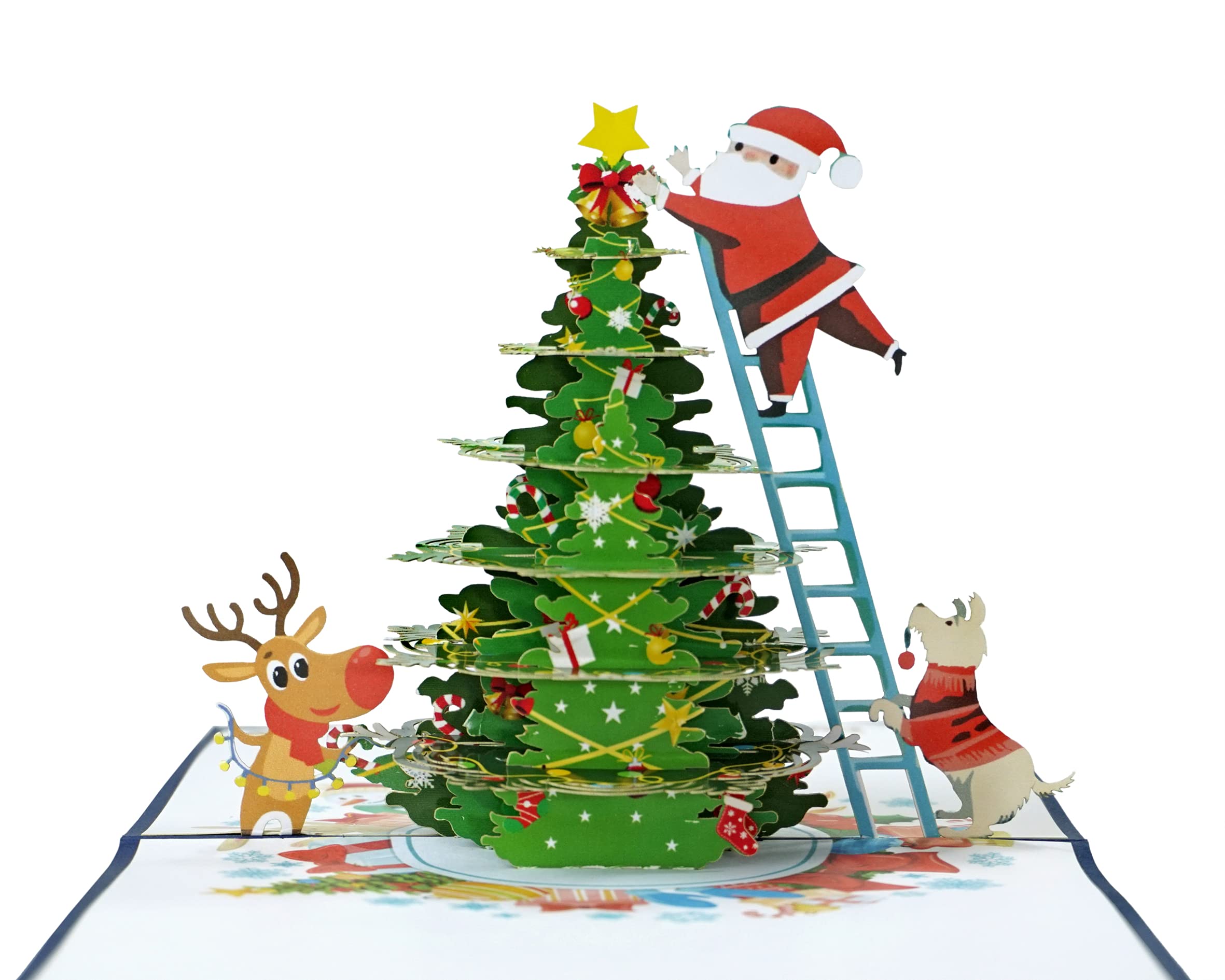 Santa Claus decorating Christmas Tree 3D Pop Up card.A Delightful holiday surprise greeting card gift for kids, friends, family and loved ones. For Christmas decor and parties.15cmx15cm