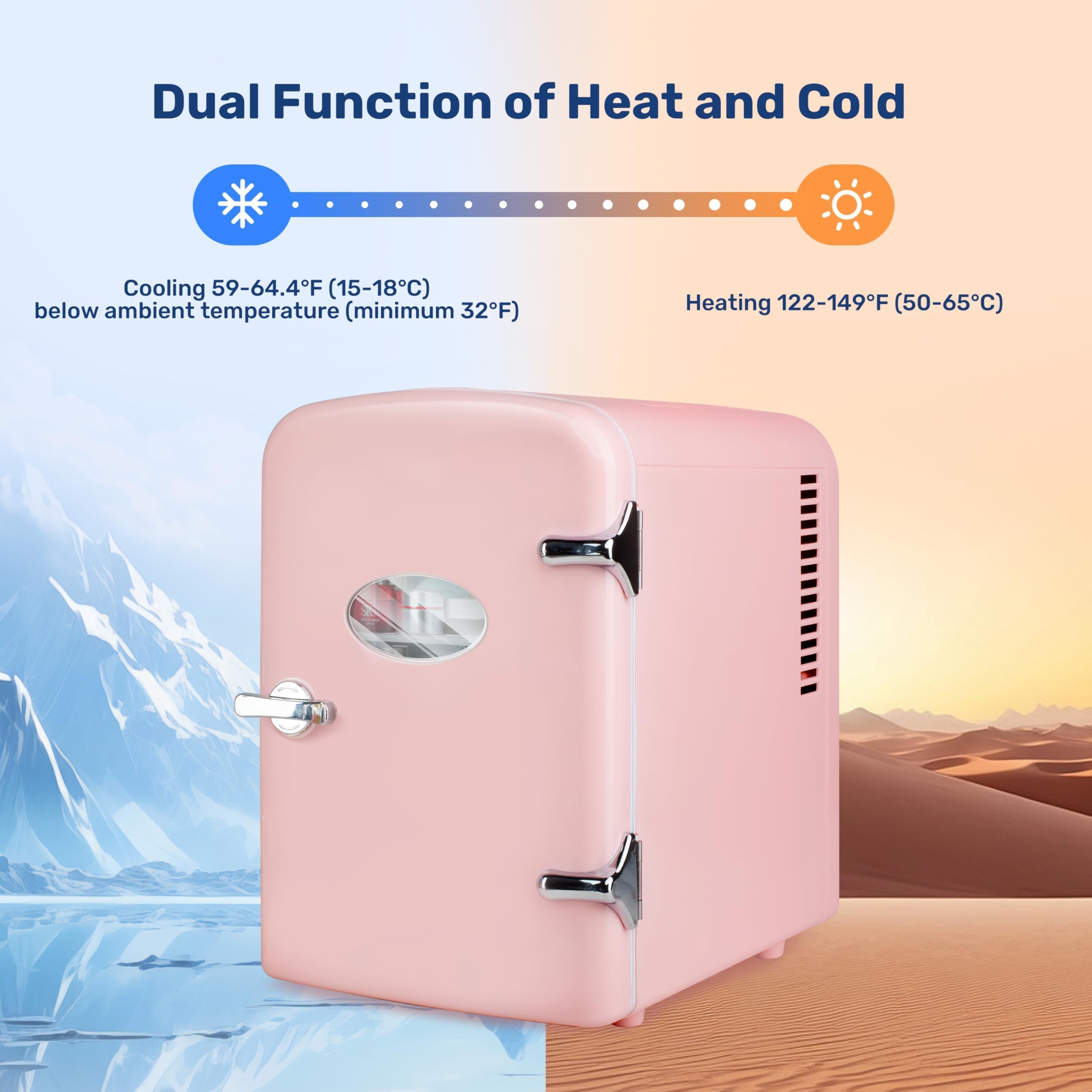 Simple Deluxe 4L 6 Can Mini Fridge with Observation Window, Portable Warmer & Cooler Compact Refrigerator, 100% Eco Friendly and Freon-Free, Pink.