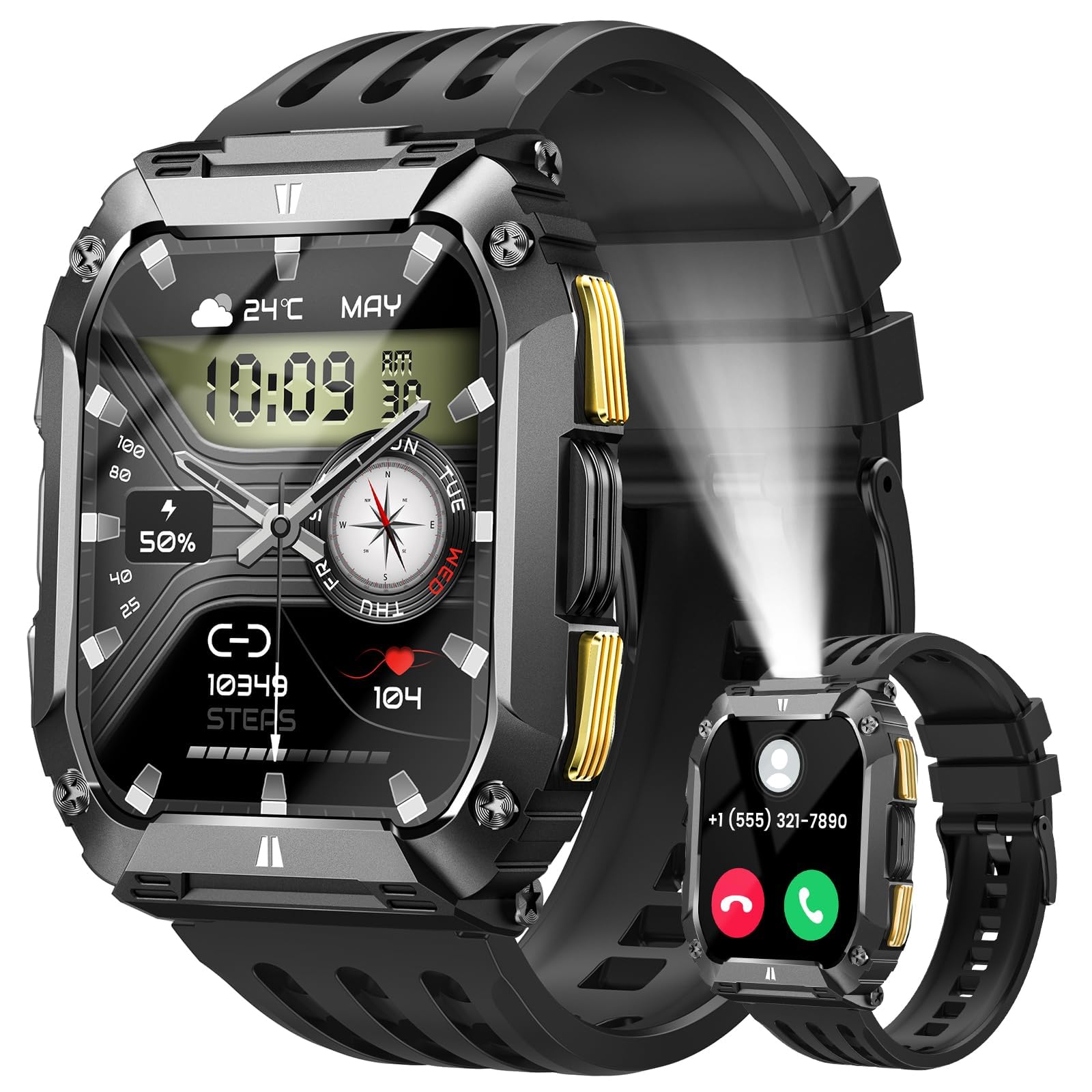 Photo 1 of Smart Watches for Men, 1.95'' Mens Military Smart Watch for Android & iPhone, Waterproof Fitness Tracker Watch with Flashlight/100 Days Battery Life/Call/Heart Rate Sleep Monitor/100+ Sport Modes