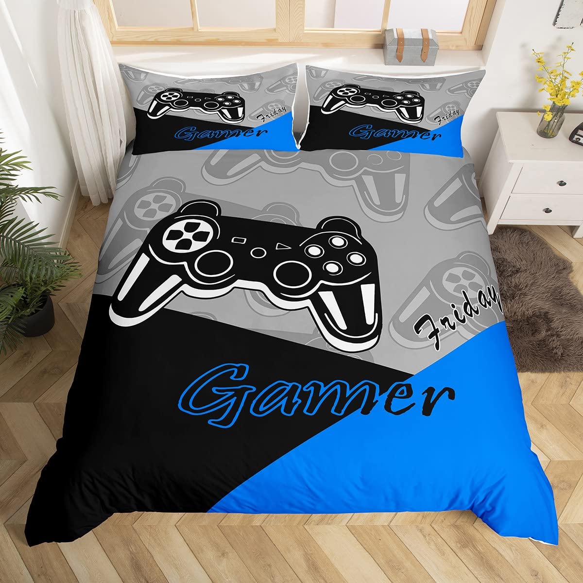 Loussiesd Gamer Duvet Cover Set for Boys Teens Game Bedding Set,Video Game Home Decor Player Gaming Bed Cover Kids Toddler 3Pieces 1 Duvet Cover with 2 Pillowcase Black Blue Grey (Double) — image 1