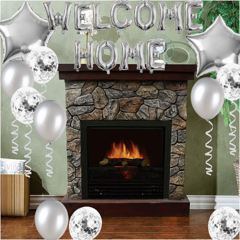 Fechy Welcome Home Letter Balloon Banner with Star Confetti Balloons for Home Family Party Decorations(24 Pack) (Silver) - Image 3