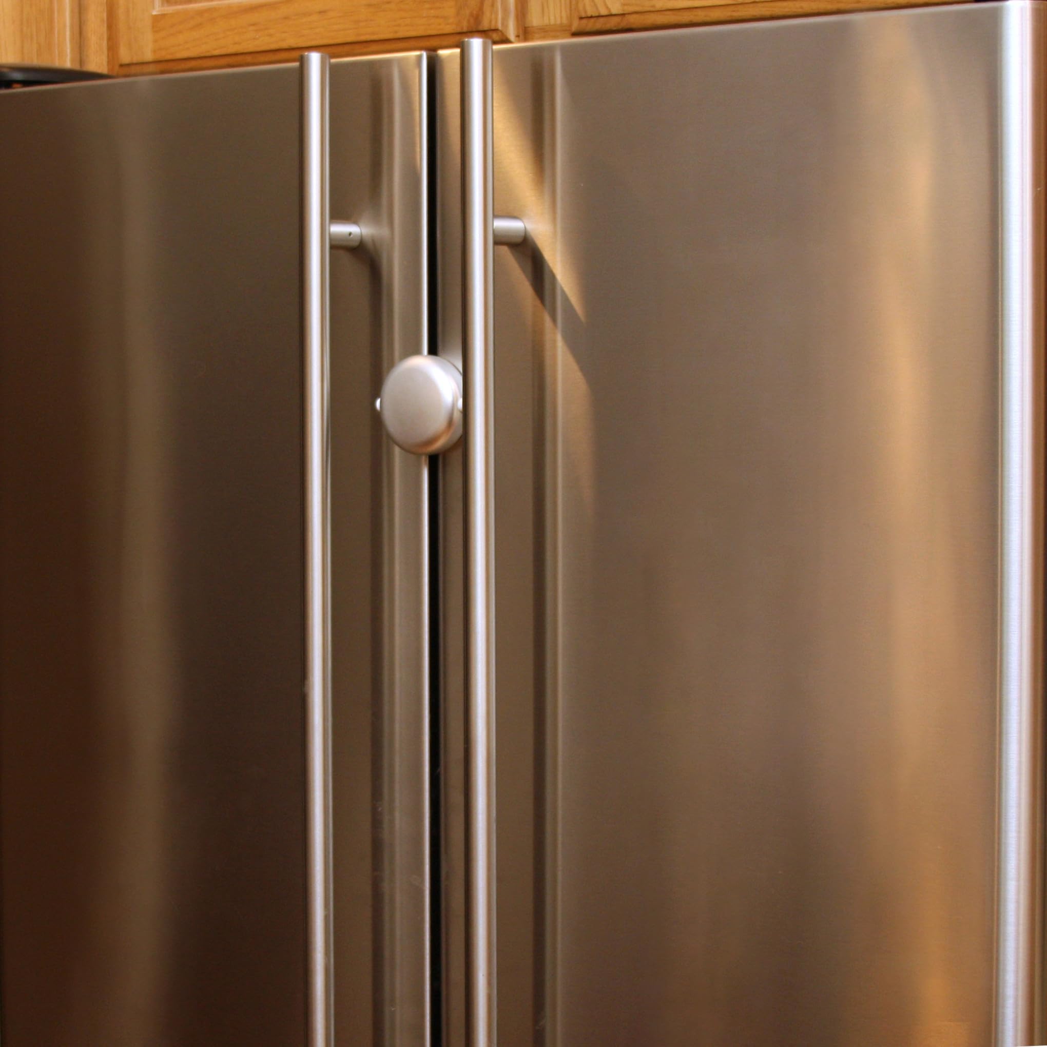 Qdos Safety Adhesive Fridge/Freezer Lock | Chrome | Easy One Handed Operation - Patented ZeroPinch Design - Unique Modern Design Refrigerator Lock - Baby Proofing Doesn't Have to be Ugly