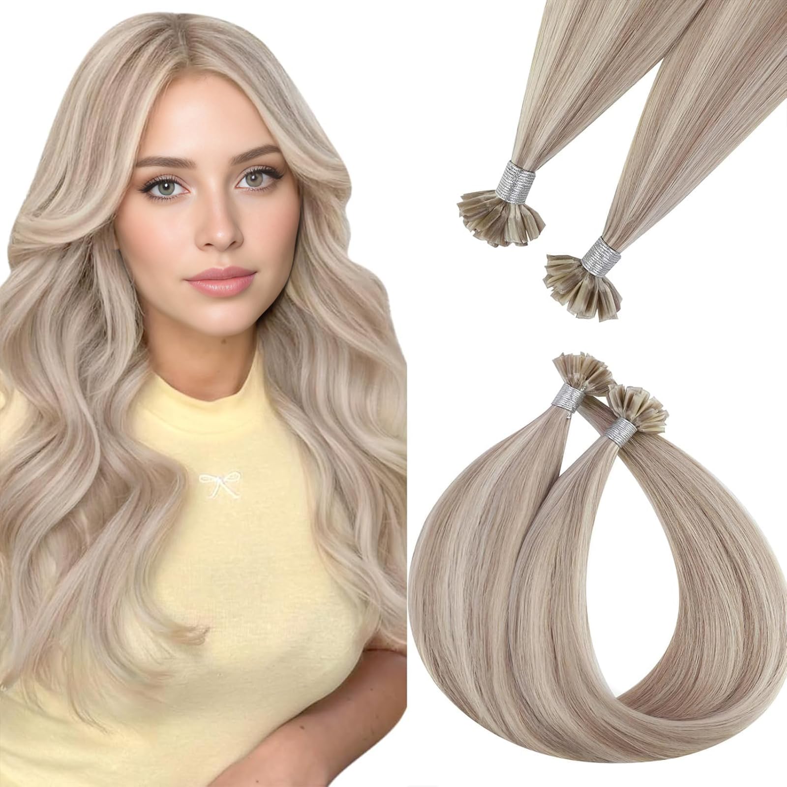 Easyouth Blonde U Tip Hair Extensions Human Hair Ash Blonde U Tip Human Hair Extensions 16 Inch 50g/50s Highlight Blonde Hot Fusion U Tip Extensions Real Hair Natural — image 1